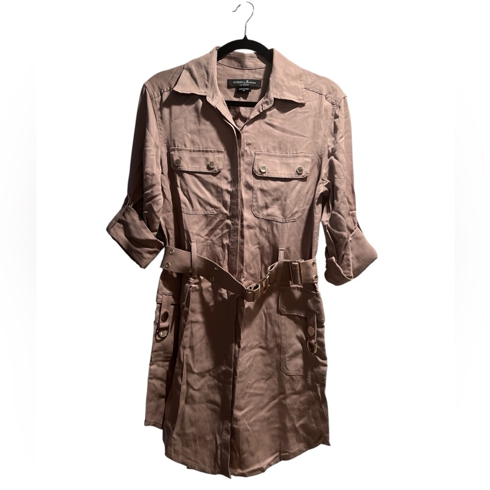 Guess by Marciano Beige Shirt Dress with pockets, gold tone buttons and a belt.